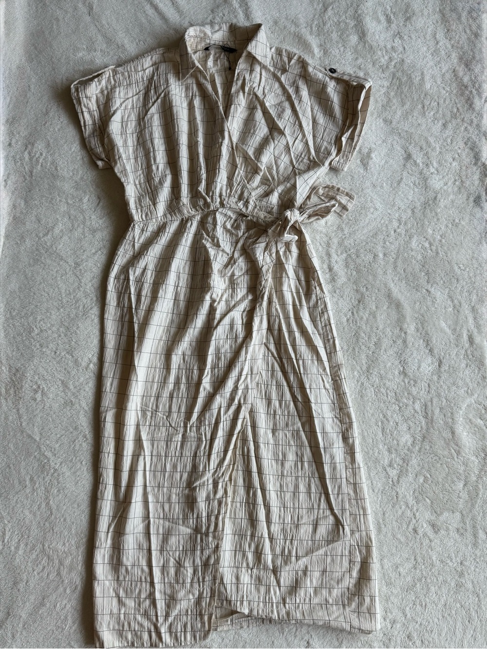 Zara Cream Windowpane Wrap Midi Dress — Small
